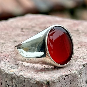 Minimal Men Red Agate Ring, Classic Signet Ring For Men, Carnelian Silver Ring, Unique Men Gift, Father Day Gift, 925k Sterling Silver