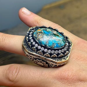 Silver Large Turquoise Stone Ring, Turkish Handmade Natural Turquoise Ring, Ottoman Style Handmade Ring, 925k Sterling Silver Ring, Men Gift