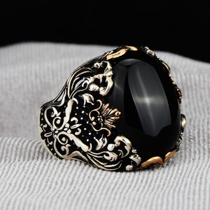Men Sterling Silver Onyx Ring, Handmade Black Onyx Ring, Unique Embroidered Onyx Ring, Ottoman Style, Gift For Him, 925K Silver