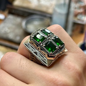 Mens Silver Green Stone Ring ,Large Square Emerald Stone Ring , Unique Ottoman Style Men Ring, Gift for Him, 925k Sterling Silver Ring