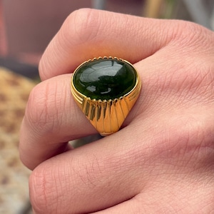 Men Silver Jade Stone Ring, Gold Plated Men Ring, Natural Green Jade Ring, Classic Signet Men Ring, Gift For Men, Men Jewelry, 925 Silver