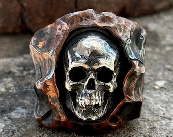 Silver Gothic Skull Ring, Hammered Anatomic Skull Biker Ring, Gothic Skeleton Ring, Sterling Silver Skull Ring, Biker Jewelry Halloween Gift