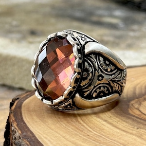Silver Sultanite Ring , Men Handmade Engraved Sultanite Ring, Men Handmade Ring , Turkish Handmade Jewelry, Father Day Gift, Men Jewelry