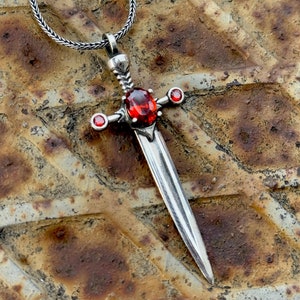 Silver Ruby Stone Sword Necklace , Silver Sword Pendant , 925 Silver Warrior Necklace , Unisex Silver Sword Pendant , 925k Sterling Silver