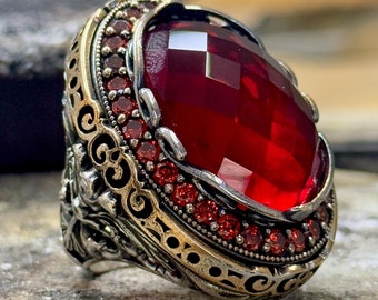 Men Handmade Ruby Stone Ring, Large Ottoman Style Men Ring, Unique Big Red Stone Ring ,925 Sterling Silver Ring , Gift For Him, Gift For Men