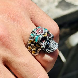 Silver Colorful Skull Ring, Vintage Skull Head Ring, Gothic Skeleton Skull Ring, Biker Jewelry, 925 Sterling Silver, Gift For Him