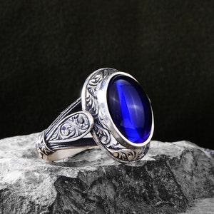 Men Blue Stone Ring , Silver Handmade Sapphire Stone Ring , Engraved Handmade Ring , Ottoman Style Ring , Father Day Gift, Gift For Husband