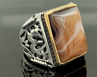 Mens Handmade Ring , Agate Stone Ring , Square Stone Ring , Ottoman Mens Ring,Men Ring, Gift for Him, 925k Sterling Silver Ring