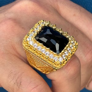 Men 14K Gold Large Onyx Ring, Black Onyx And Moissanite Gold Ring, Square Mens Handmade Ring , Ottoman Jewelry, Men Vintage Ring, 925 Silver
