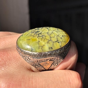 Men Handmade Ring, Large Yellow Agate Gemstone Ring, Mens Genuine Aqeeq Gemstone Ring, Turkish Handmade Ottoman Style Ring, 925 Silver