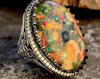 Men Natural Turquoise Ring , Large Colorless Turquoise Ring , Oval Handmade Turquoise Ring , Ottoman Style Silver Ring , 925k Silver Ring