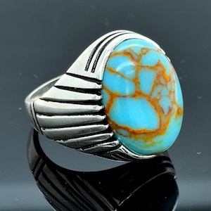 Men Silver Natural Turquoise Ring , Silver Genuine Turquoise Ring , Classic Oval Handmade Turquoise Ring ,925k Silver Ring, Gift For Men