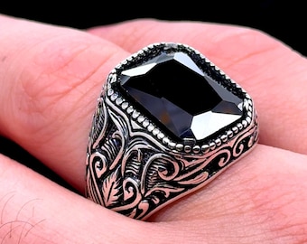 Men Handmade Onyx Ring , Silver Black Onyx Stone Ring , Engraved Onyx Ring, Ottoman Style Ring , 925k Sterling Silver Ring , Gift For Men