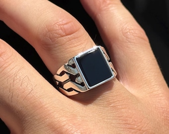 Silver Onyx Signet Ring, Classic Minimal Onyx Ring, Onyx Wedding Ring For Men, Square Onyx Ring, Gift For Men, Gift For Him, 925 Silver Ring