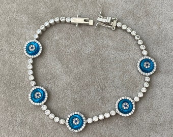 Pulsera de tenis, pulsera de ojo turco, pulsera de ojo turco, pulsera de plata de ojo turco, pulsera de plata de ley 925k