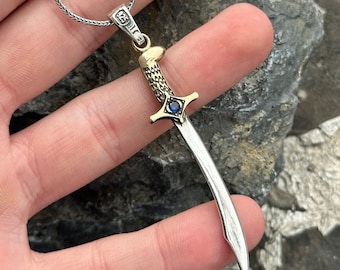 Silver Sword Necklace Pendant , Sapphire Stone Sword Necklace , Silver Warrior Necklace , Unisex Silver Sword Pendant , 925k Sterling Silver