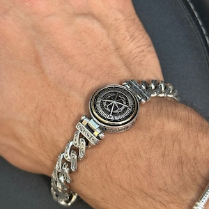 Silver 925 Curb Link Bracelet ,  Silver Compass Signet Bracelet , Oxide Silver Bracelet , Gourmet Cuban Link Silver Bracelet ,