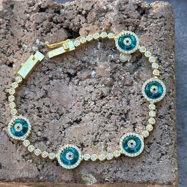 Bracelet de tennis Silver Gold Evil Eye, Bracelets de tennis de protection, Bijoux de protection, Bracelet Evileye plaqué or, Evil Eye Silver