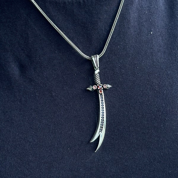 Collier Zulfiqar en argent, collier Zulfiqar en argent sterling fait à la main en pierre rubis, collier épée en argent, argent sterling 925k