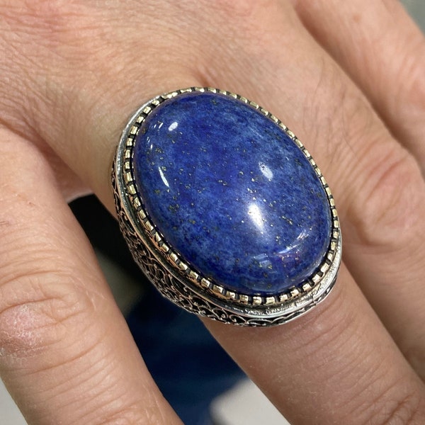 Mens Handmade Ring , Large  Lapis Lazuli Gemstone Ring, Men Sterling Silver Ring, Ottoman Jewelry , Men Vintage Ring, Gift for Him