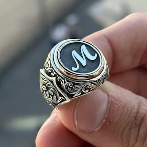 Anillos de hombre con letras iniciales de plata para hombres, anillo de estilo otomano, anillo de hombre con sello, anillo con monograma, plata de 925 k, regalos de Navidad para hombres