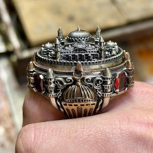Silver Hagia Sophia Mosque Ring, Men Unique Large Ring, Ruby Gemstone İslamıc Mosque Ring, Ottoman Style Handmade İslamic Gift, 925 Silver