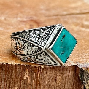 Silver Handmade Turquoise Ring, Square Copper Turquoise Signet Ring, Boho Engraved Statement Ring, Mens Signet Ring, Anniversary Ring