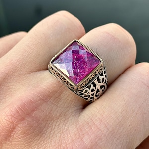 Men Silver Engraved Ruby Stone Ring, Square Ruby Stone Ring, Ottoman ...
