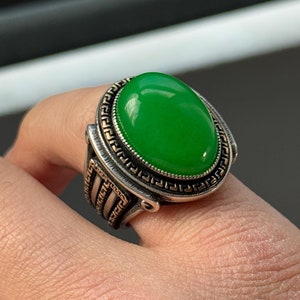 Silver Jade Ring, Natural Jade Stone Ring, Greek Style Men Ring