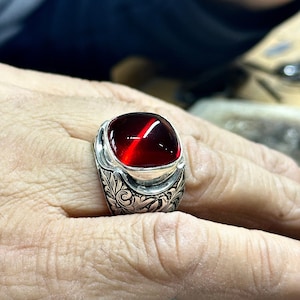 Natural Red Ruby Stone Ring, Men Handmade Engraved Ring, Silver Heavy Ring, Real Ruby Ring, Father Day Gift, Gift For Men, 925k Silver