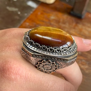 Silver Tiger&#39;s Eye Large Ring, Handmade Sterling Silver Men Ring, Natural Tiger Eye Gemstone Ring, Unique Men Ring, Ottoman Style Ring