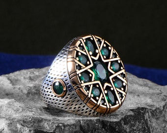 Men Handmade Green Stone Ring , Emerald Stone Ring ,Ottoman Style Men Ring , Green Gemstone Rings For Men , Anniversary Gifts for Him