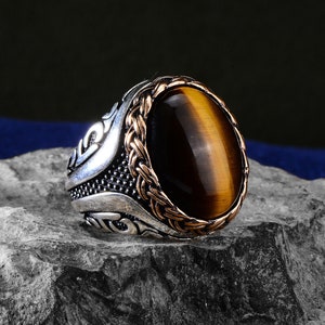 Men Handmade Ring , Oval Tiger Eye Gemstone Ring , Natural Tiger Eye Stone Ring , Ottoman Style Ring , Men Gift, 925k Sterling Silver Ring
