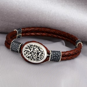 Silver Red Leather Bracelet , Embroidered Motif Bracelet , Red Leather Unique Anniversary Vintage Bracelet , 925k Sterling Silver Bracelet