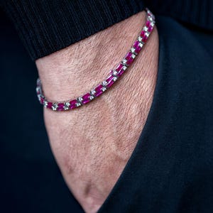 Men Ruby Stone Silver Chain Bracelet, Red Stone Chain Bracelet, Luxury Red Garnet Gemstone Chain, Link Men Bracelet, Gift For Men,925 Silver