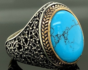 Handgemachter Herrenring, Türkis Männer Silberring, Oval Edelstein Ring, Moderne Sterling Silber Herrenring, türkische Handarbeit, Geschenk für ihn
