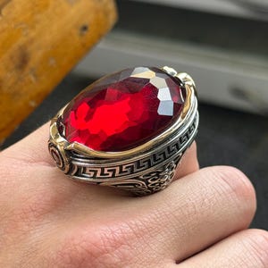 May include: A silver ring with a large, faceted, oval-shaped red gemstone. The ring has a gold-colored band around the gemstone and intricate silver detailing on the band. The ring is shown on a person's finger.