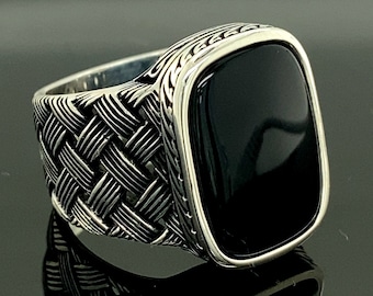 Men Handmade Natural Onyx Ring , Black Onyx Ring , Turkish Handmade Silver Ring , 925 Sterling Silver Ring