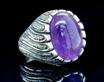 Bague En Argent Massif 925 Avec Améthyste Ronde - Fait Main, Taille Réglable, Cadeau Femme
