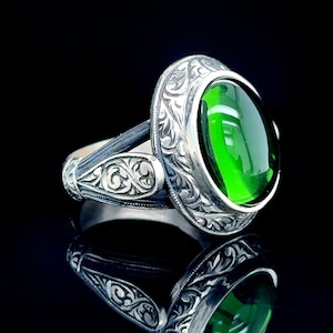 Silver Emerald Stone Ring , Men Emerald Ring, Engraved Vintage Style Ring , Ottoman Style Ring, Father Day Gift, 925k Sterling Silver Ring