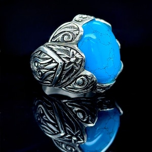 Turquoise Men Silver Ring , Engraved Pen Men's Ring ,Turquoise Men Silver Ring ,Turkish Handmade Ring , 925k Sterling Silver Ring , Men Gift