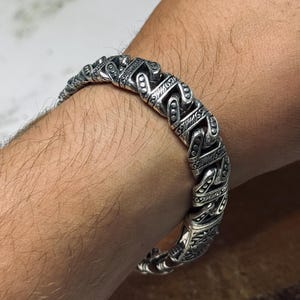 Solid Chain Bracelet Sterling Silver, Engraved Handmade Heavy Bracelet, Silver Thick Bracelet, Cuban Engraved Man Bracelet , Gift For Him