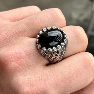 Silver Handmade Onyx Ring, Men Engraved Onyx Ring, Natural Onyx Ring, Hand Engraved Silver Ring, Gift For Men, Unique Men Gift, 925 Silver