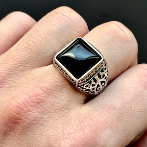 Men Silver Black Onyx Signet Ring , Silver Square Onyx Signet Ring , Onyx Wedding Ring , 925k Sterling Silver Ring , Gift For Him