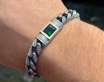 Men Emerald Stone Engraved Chain Bracelet, Green Stone Men Curb Bracelet, 10MM Chain Link Men Bracelet, Bracelet For Men, Anniversary Gift