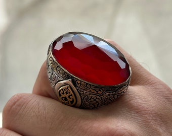 Man Silver Large Ruby Ring , Handmade Ottoman Style Large Ring , Big Red Stone Ring , Zircon Stone Ring , 925k Sterling Silver Ring