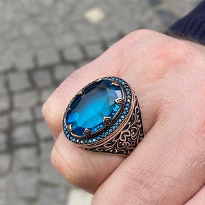 Silver Aquamarine Stone Ring , Oval Blue Aquamarine  Stone Ring , Vintage Men Ring , Turkısh Ottoman Men Ring , 925k Sterling Silver Ring