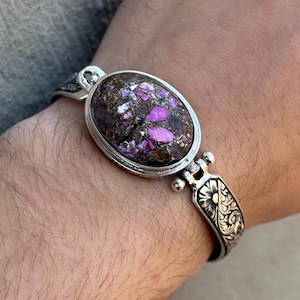 Men Natural Turquoise Stone Bracelet, Purple Turquoise Bracelet, Hand-Engraved Cuff Bangle, Handmade Men Bracelet, Silver Jewelry Gift