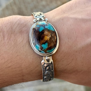 Silver Turquoise Gemstone Bracelet, Hand Engraved Turquoise Cuff, Floral Engraved Cuff Bangle, Men Jewelry Gift, Anniversary Perfect Gift
