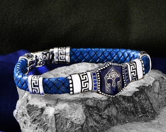 Silver Knight Helmet Leather Bracelet ,Sapphire Stone Bracelet, Handmade Spartan Helmet Bangle , Black Leather Warrior Bracelet, 925k Silver